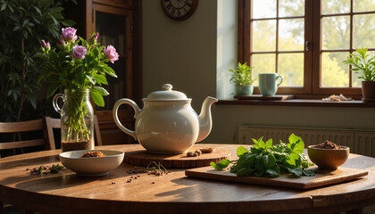 White teapot and fresh herbs on a wooden table in a sunlit kitchen, decorated with flowers and plants