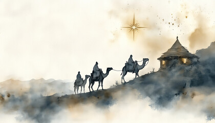Watercolor illustration showing silhouettes of three wise men on camels riding toward shepherd's hut. Star of Bethlehem shines brightly in sky creating serene spiritual biblical Nativity Jesus scene.