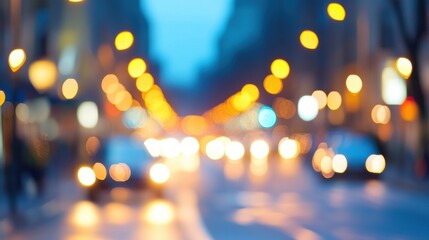 A busy city street comes alive in the evening with blurred car lights shining brightly against a twilight sky. Generative AI