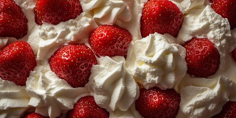 Close up of fresh, juicy red strawberries topped with whipped cream, showcasing the vibrant colors and textures of the delicious strawberries in a horizontal composition.