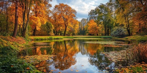 Autumn colors in Stromovka park create a serene atmosphere, with trees surrounding a tranquil pond. Enjoy the beauty of the forest and the peacefulness of the pond in this vibrant autumn setting.