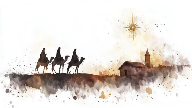 Watercolor illustration showing silhouettes of three wise men on camels riding toward shepherd's hut. Star of Bethlehem shines brightly in sky creating serene spiritual biblical Nativity Jesus scene.