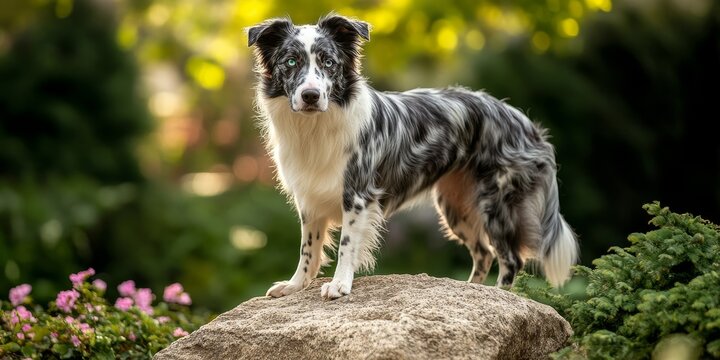 A marbled border collie dog with striking multi colored eyes stands proudly on a large stone in a vibrant spring park, showcasing the beauty of the marbled border collie in nature.