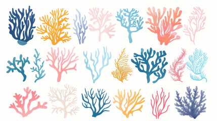 Watercolor drawings of various sea plants and corals reef