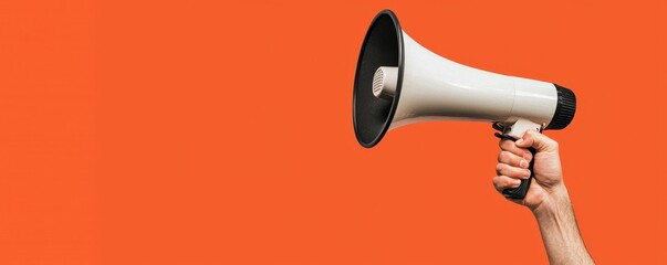 A hand holds a megaphone against a vibrant orange background, symbolizing communication, activism, and public speaking.