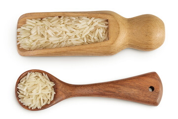 rice basmati in a wooden spoon and scoop isolated on white background. Top view. Flat lay