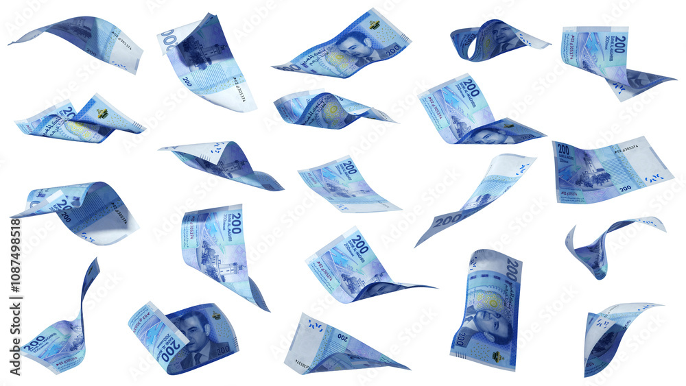 Aufkleber 3D rendering of 200 Morocco Dirham notes flying in different angles and orientations isolated on transparent   background
