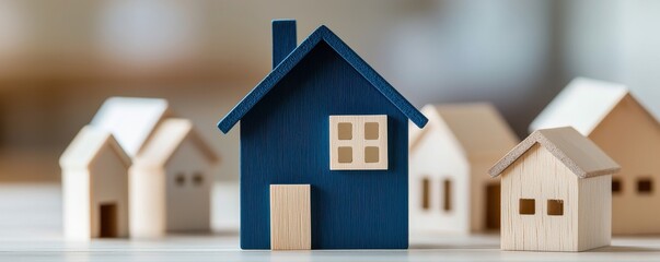 A collection of wooden house models, featuring a prominent blue house, symbolizing home and real estate concepts.