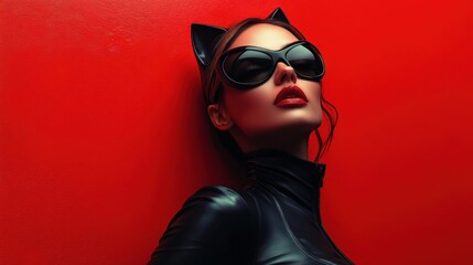 Stylish Woman in Cat-Inspired Outfit Against Bold Red Background