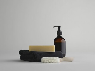 A minimalistic arrangement of bath essentials for personal care and relaxation.