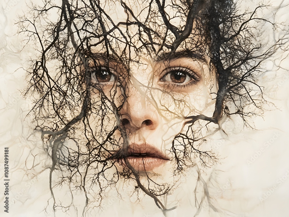 Poster Ethereal Portrait Blending Human Features with Intricate Tree Branches, Symbolizing Connection Between Nature and Humanity in a Dreamlike Composition
