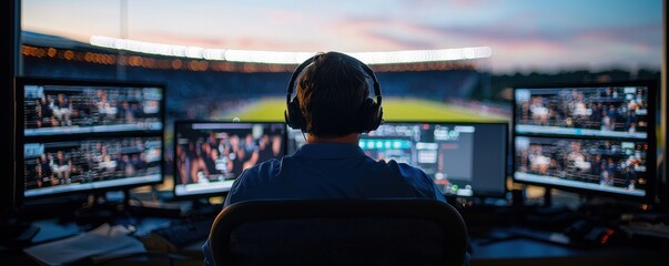 A person sits in front of multiple monitors, analyzing a sports event, with a stadium backdrop under a colorful sky.