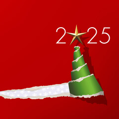 Carte de v&oelig;ux 2025 avec un papier de couleur rouge d&eacute;chir&eacute;, qui &eacute;voque un sapin de no&euml;l vert surmont&eacute; d&rsquo;une &eacute;toile dor&eacute;e.