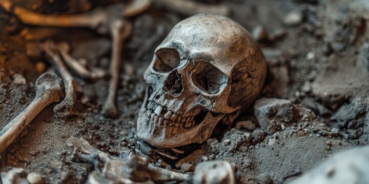 Skeleton and human bones discovered during archaeological excavation of a graveyard highlight historical contexts of burial practices and human remains in a fascinating way.