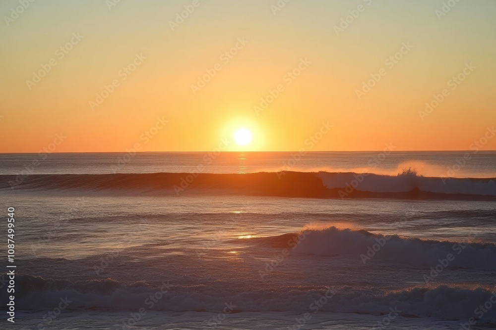 Poster the sun sets on the horizon, casting golden light over the gentle waves of the ocean, creating a ser