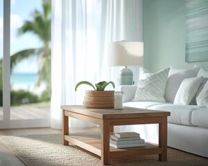 Fototapeta premium Themed Living Room with Soft Neutral Tones, Coastal Decor, and Ocean Vibes