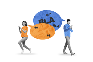 Composite collage picture of two black white colors people walking use smart phone chatting dialogue bubble bla blah