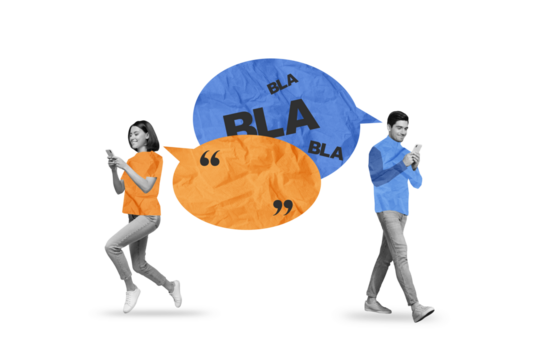 Composite collage picture of two black white colors people walking use smart phone chatting dialogue bubble bla blah