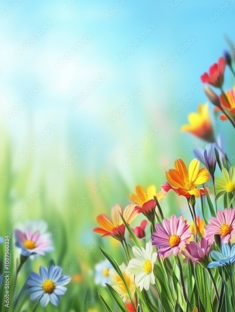 Aufkleber a vibrant display of various flowers fills the green meadow, creating a cheerful atmosphere on a sun