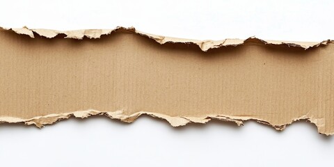 Torn brown corrugated texture paper on a clean white background, showcasing the rip of the cardboard sheet as an interesting design element for backgrounds and textures.