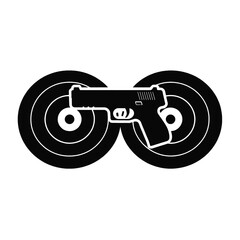 A vector silhouette-style image featuring two overlapping target icons with a pistol centrally integrated