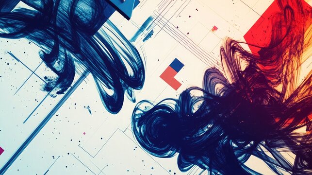 A creative workspace filled with swirling ink designs integrated into a backdrop of clean geometric lines, showcasing artistic synergy.