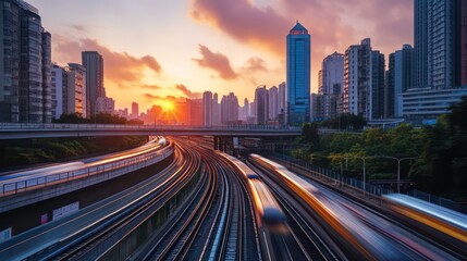 Obraz premium A high-speed train rushes through a bustling city at sunset, creating a blur of motion as it speeds towards the horizon.