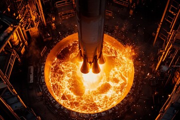 Stunning close-up of rocket launch pad with fiery propulsion at night. Generative AI