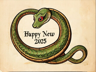 Snake and text Happy New 2025 in medieval style