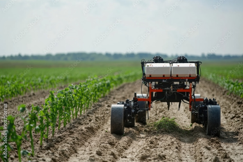 Aufkleber Robotic machines operate in a field, efficiently planting or tending to crops in bright sunlight, showcasing modern farming methods. Generative AI
