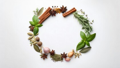 Fototapeta premium Fresh herbs and spices arranged in a circle on a white background, offering a vibrant display of culinary potential