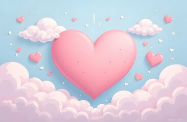 A pink heart floats among fluffy clouds and sparkling stars, creating an enchanting scene