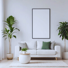 Mock up frame in home interior background, beige room with minimal decor, 3d render.