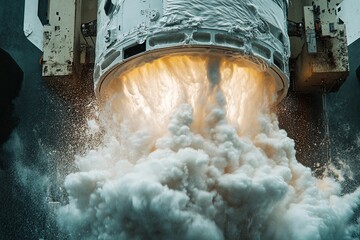 Rocket engine ignites, unleashing sparks and power at launch pad. Exciting display!