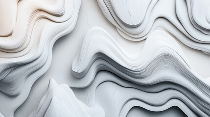 Obraz premium Abstract 3D of layered, wavy white and light gray textures resembling geological formations or paper art