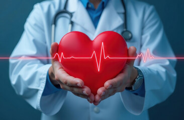 A doctor in a white coat holds a red heart symbol while monitoring vital signs with a stethoscope
