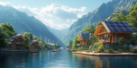 Naklejka premium Eco-friendly houses on a lake in mountains with solar panels and wind turbines.