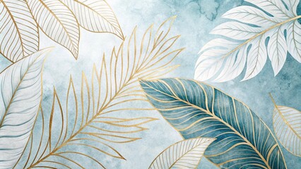 Tropical foliage on a white and blue background for art.