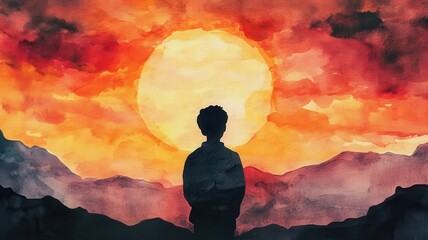 A silhouette of a person stands against a vibrant sunset, with warm colors blending in the sky, creating a serene and contemplative atmosphere.