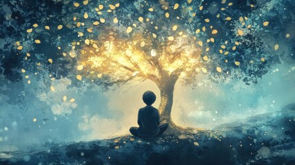 A serene scene depicting a child meditating under a glowing tree, surrounded by a mystical ambiance illuminated by soft, golden lights.