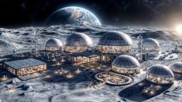 Futuristic lunar base with domed structures on cratered moon surface. Earth visible in starry sky. Sci-fi space colony concept.