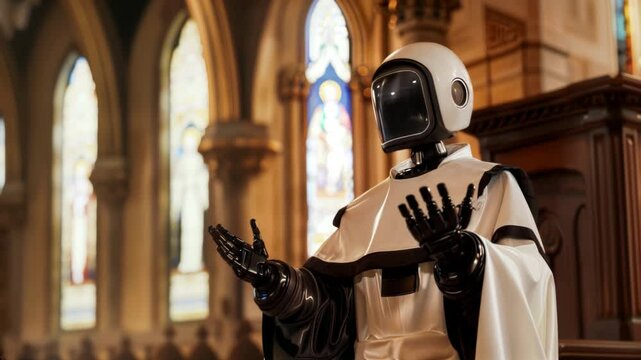 Futuristic AI robot in priest attire stands inside church and preaching. Setting combines traditional religious elements with advanced technology, showcasing unique blend of past and future.