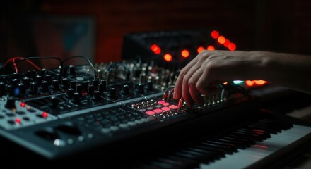 Electronic music production with modern synthesizer midi keyboard