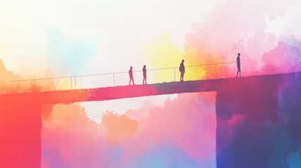 A colorful watercolor painting depicting silhouettes of people walking on a bridge amidst vibrant clouds and hues.