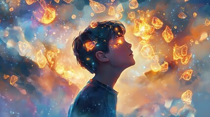A silhouette of a boy gazing upward, surrounded by glowing orbs and a colorful cosmic background, evoking a sense of wonder and imagination.