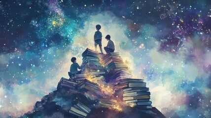 Three children explore a cosmic landscape atop a towering pile of books, symbolizing knowledge and imagination amidst a starry universe.