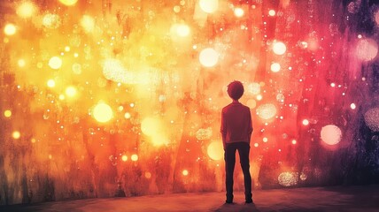 A child stands captivated by a vibrant, glowing wall of colors, exploring a dreamlike world filled with light and wonder.