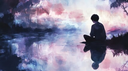 A serene scene depicting a person sitting by a reflective lake, surrounded by ethereal clouds and vibrant colors.