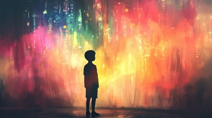 A silhouette of a child stands against a vibrant, colorful background, filled with abstract patterns that evoke a sense of wonder and imagination.