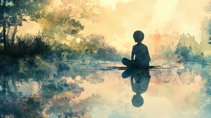 A serene silhouette of a child sitting by a calm water body, reflecting the soft hues of nature in a tranquil, dreamy atmosphere.